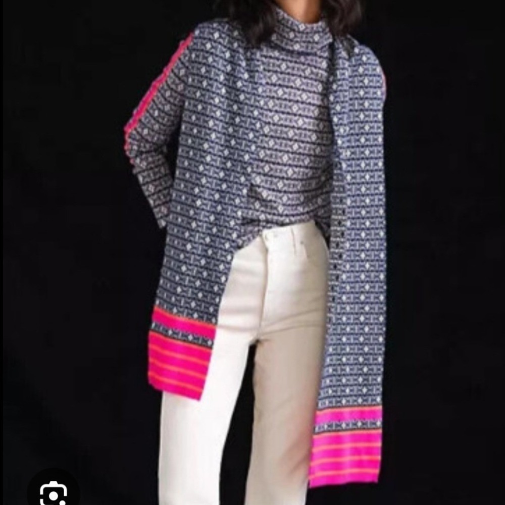 Maeve Anthropologie Abstract Fair Isle‎ Knit Scarf Navy Blue Pink Orange Stripe